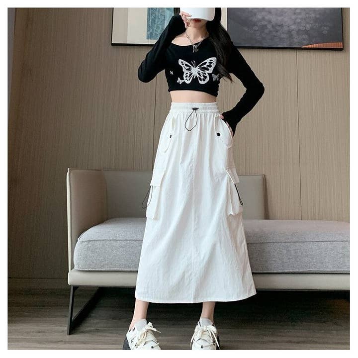 Saia Midi em Linha A com Cintura de Cordão e Racha Lateral por atacado de UZ Wholesale Store