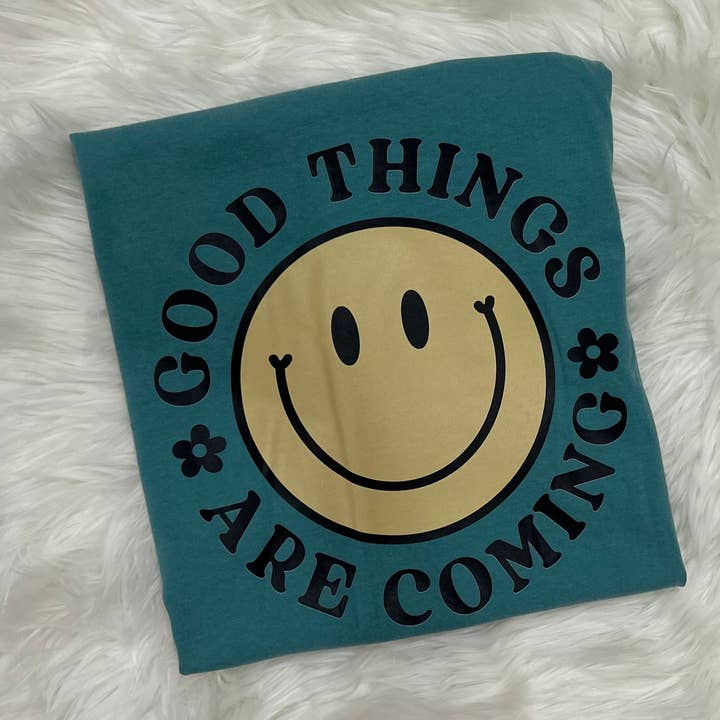 Trendy Graphic T-shirt- GOOD THINGS ARE COMING for wholesale by The Rowdy Chick