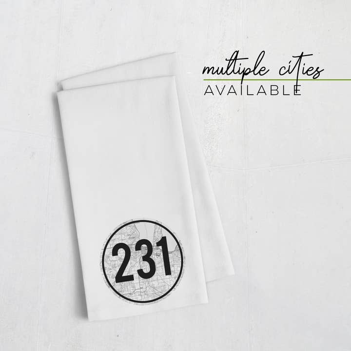 231Traverse City Michigan area code tea towel | Traverse City map for wholesale by Paperfinch Design