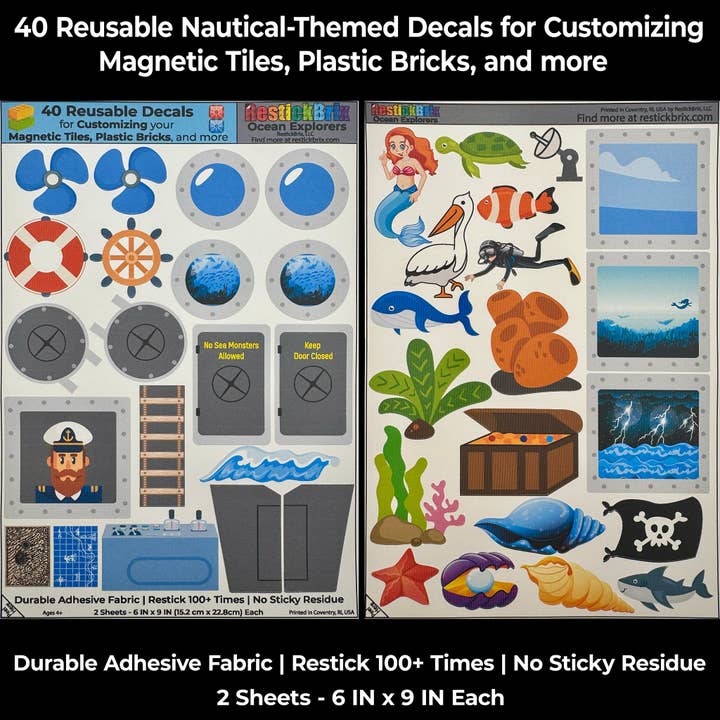 Explorateurs de l'océan : décalcomanies réutilisables pour personnaliser des tuiles magnétiques, des briques en plastique, et plus encore pour la vente par RestickBrix