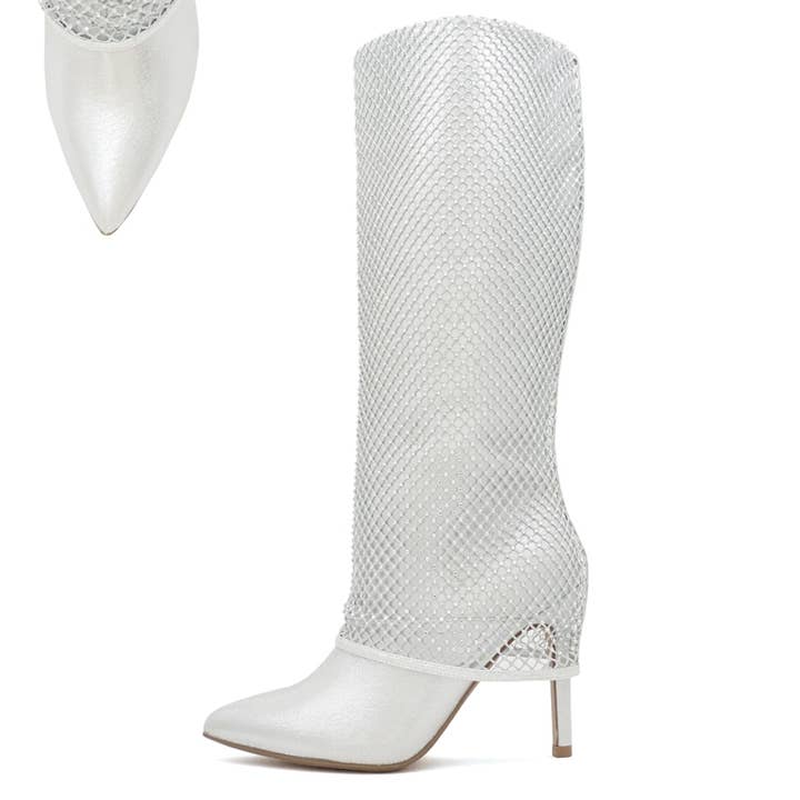 FD-KESARA-Rhinestones Fishnet Dress Stiletto Heeled Knee-Hig for wholesale by Golden Bulls