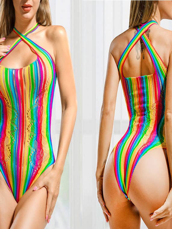 Spicy Halter Rainbow Hollow Out Bodystocking 60204 for wholesale by Sweetkama