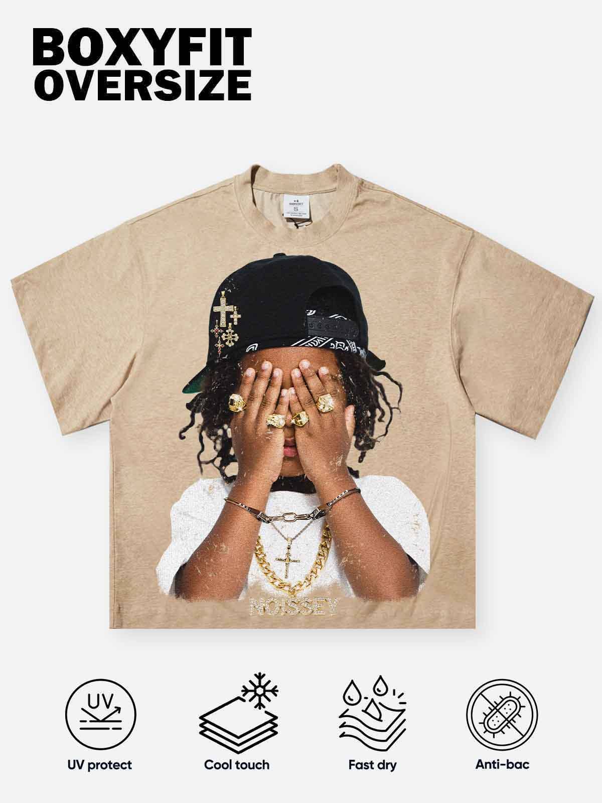 NOISSEY - Wholesale T-Shirt (Graphic) - Unisex - Boxy Oversized T-shirt with Hip-Hop Kid Covering Eyes Print1