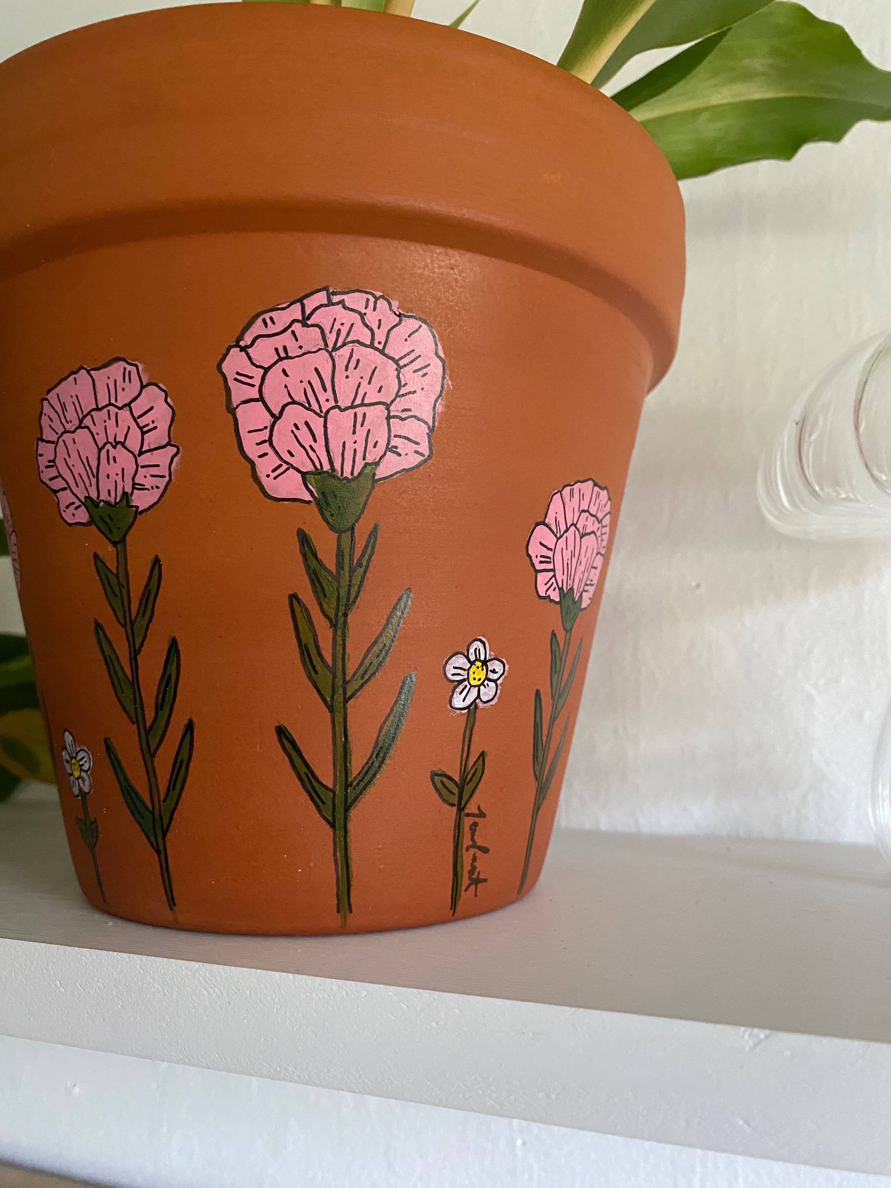 jcarp designs - Wholesale Plant Pot - Hand-painted Whimsical Carnation Terracotta Plant/Flower Pot1