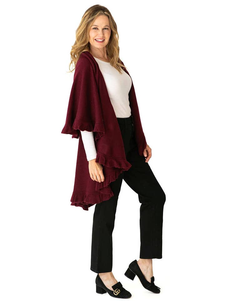 4 Styles in 1 Cardigan Sweater Shawl Wrap in Burgundy Ruffle for wholesale by Heidi Kagan Designs, LLC.