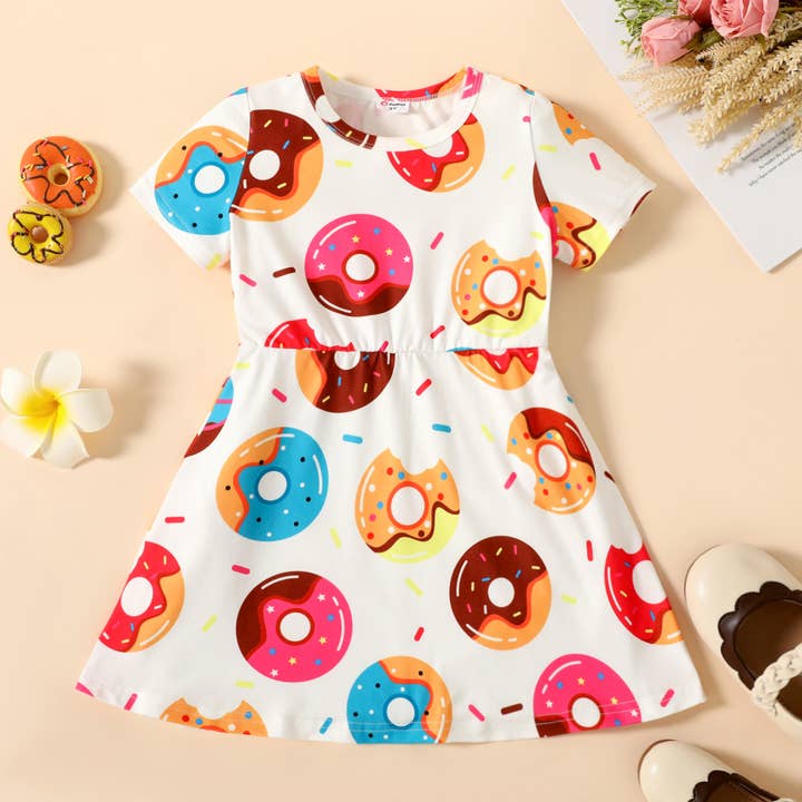 PatPat - Wholesale Dress - Kids - Toddler Girl Food Donut Print Short-sleeve Dress