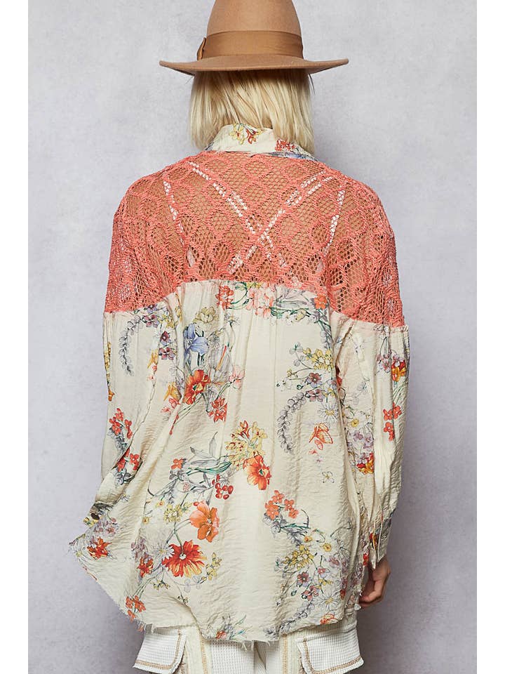Pol Clothing - Wholesale Button Down Shirt - Women's - Full sleeves contrast floral printed shirt top
