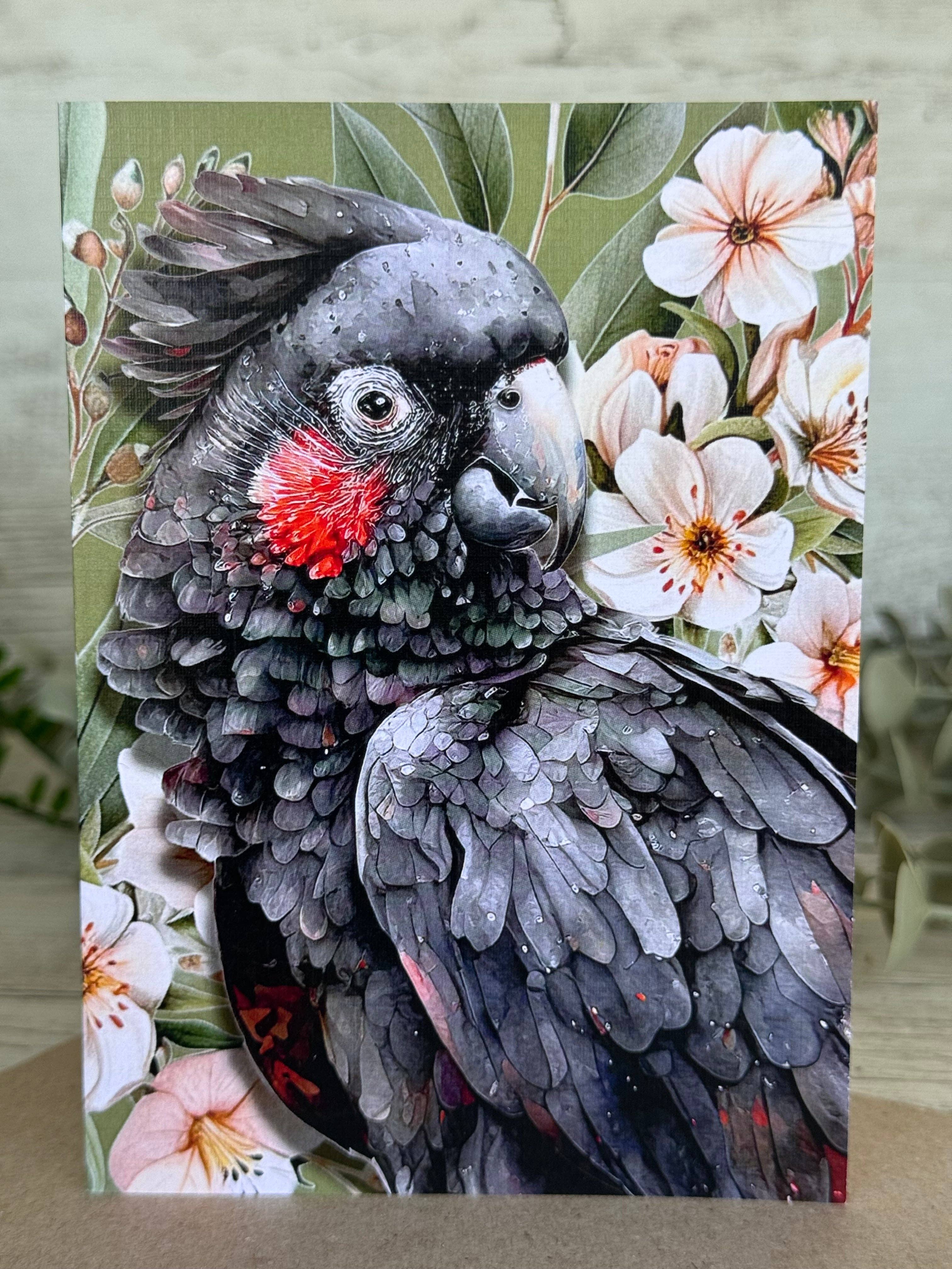 Scattered Seed Co - Wholesale Everyday greeting card - Australian Black Cockatoo on Native Florals greeting card2