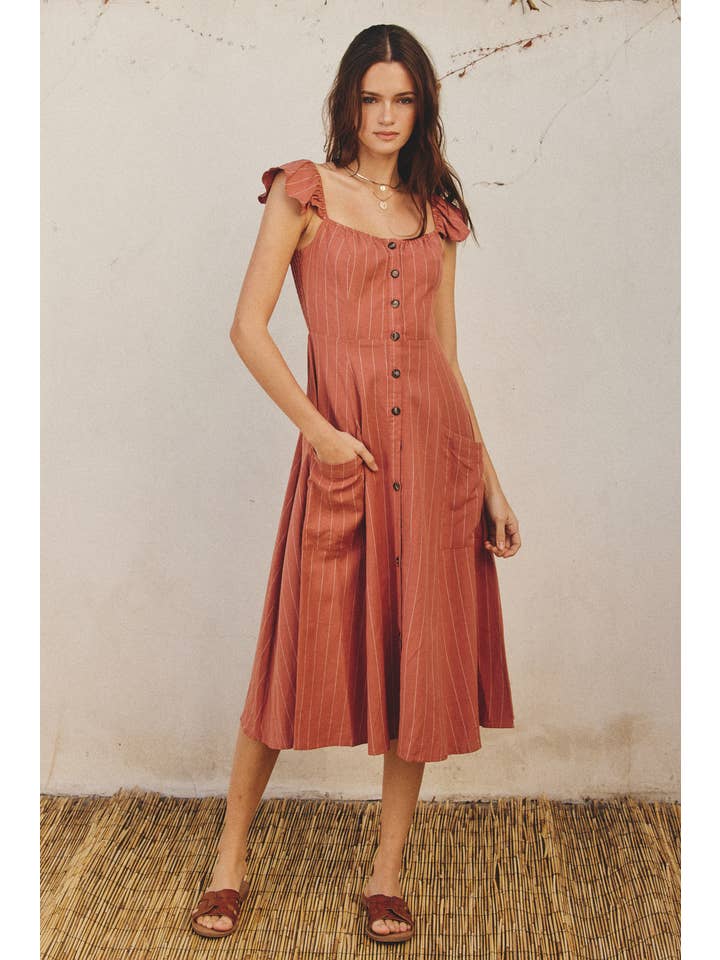 RUST WHITE FD2891X Pinstripe Flutter Sleeve Midi Dress for wholesale on Faire