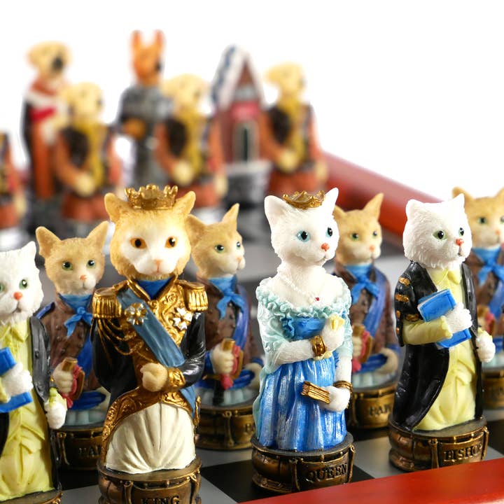 WorldWise Imports - Wholesale Board Game - Chess Set - Cats & Dogs Resin Men on Cherry Stained Chest