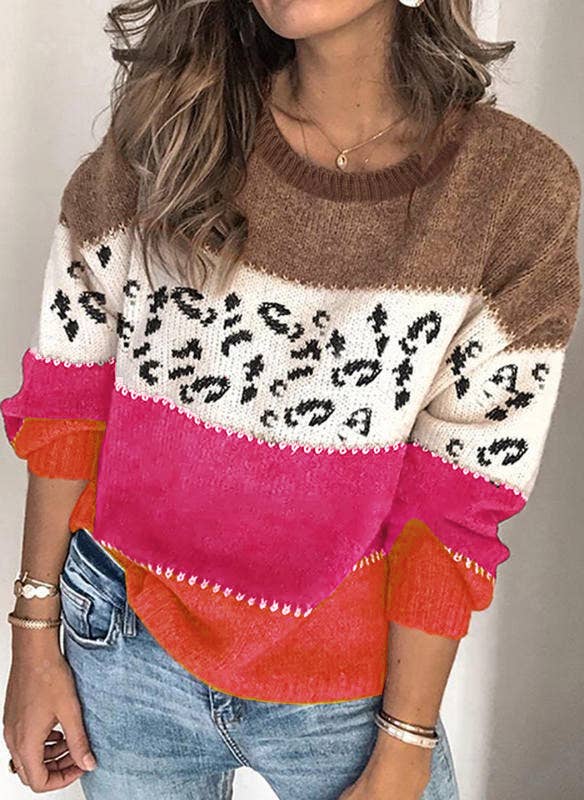 Lily Clothing - Wholesale Knit Sweater - Women's - LEOPARD PRINT PATCHWORK FASHION KNIT PULLOVER10