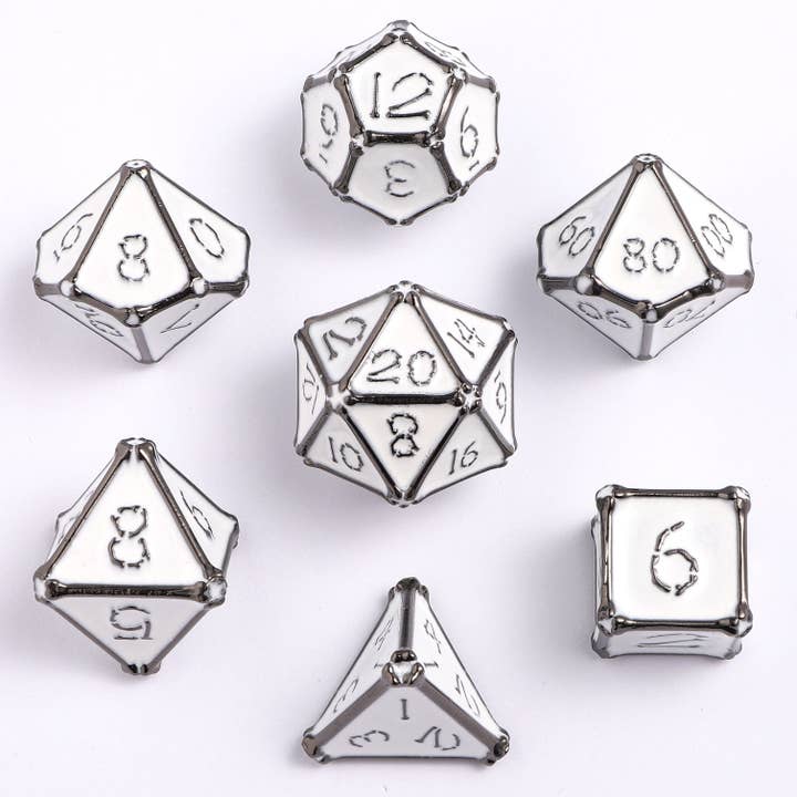 Hymgho Premium Dice - Wholesale Dice - Bone Collector Solid Metal Dice Set - Gunmetal with White