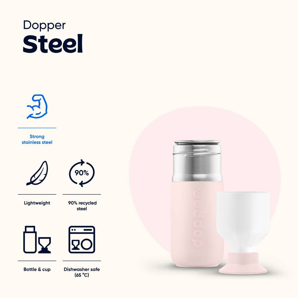 Dopper - Wholesale Water Bottle - Dopper Steel Soft Pink 350ml Reusable Water Bottle2