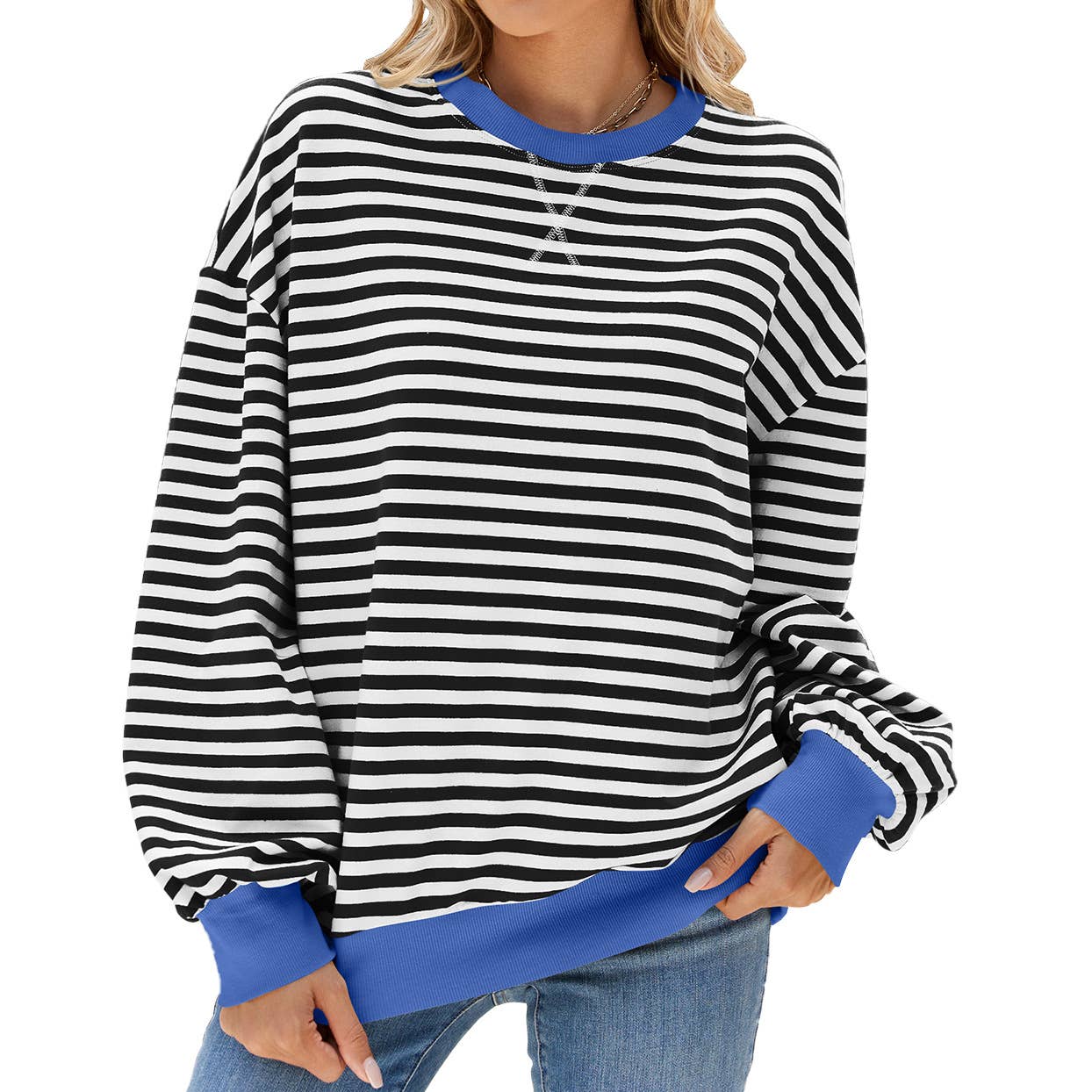 Rosa Clothing - Wholesale Sweatshirt - Women's - Classic Striped Oversized Crewneck Sweatshirt1