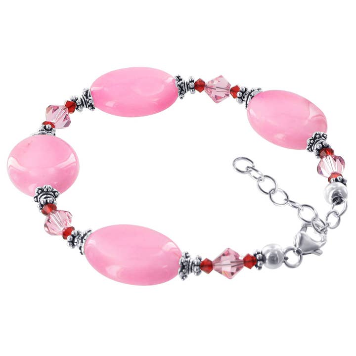 Bracciale Regolabile in Perle di Vetro Rosa Ovali Argento Sterling 925 Cristalli Austriaci Lunghezza da 7 a 8 Pollici per la vendita all'ingrosso da parte di Gem Avenue Wholesale