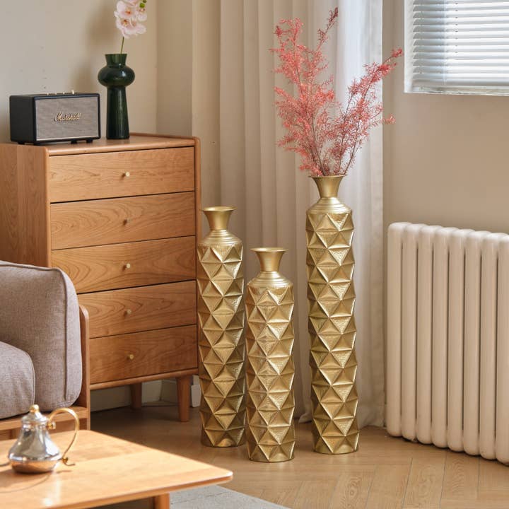 Set of 3 Gold Distressed Metal Vases 3D Triangle33.5"-25.2"H for wholesale by 39F Inc.