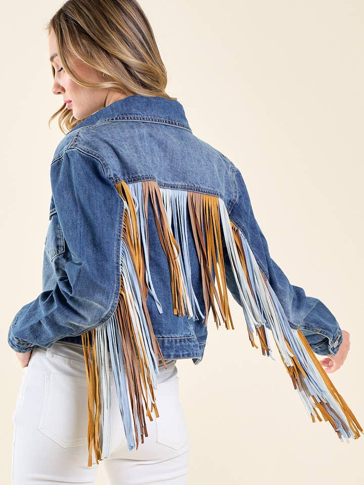 Saints & Hearts - Wholesale Denim Jacket - Women's - SIJ5246A DENIM MULTI COLOR SUEDE FRINGE DENIM JACKET