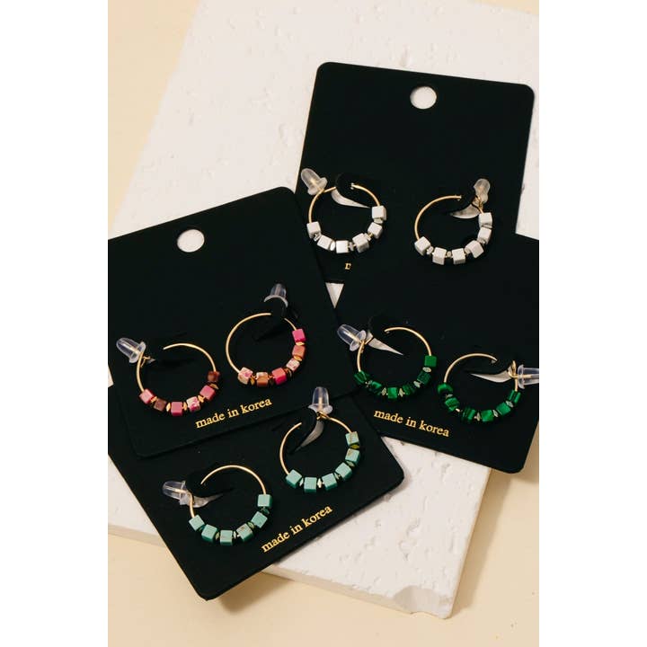 Fame Accessories - Wholesale Hoop Earrings - Stone Cube Beads Dainty Wire Hoop Earrings