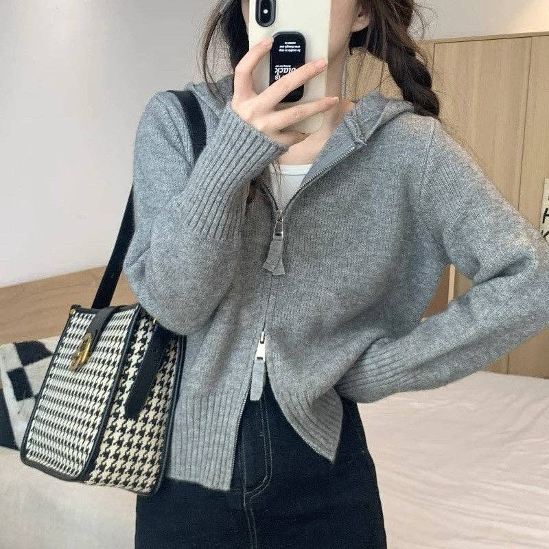 UZ Wholesale Store - Wholesale Hoodie - Women's - Solid Color Short Hoodie With Double Zippers-Knit Sweater6