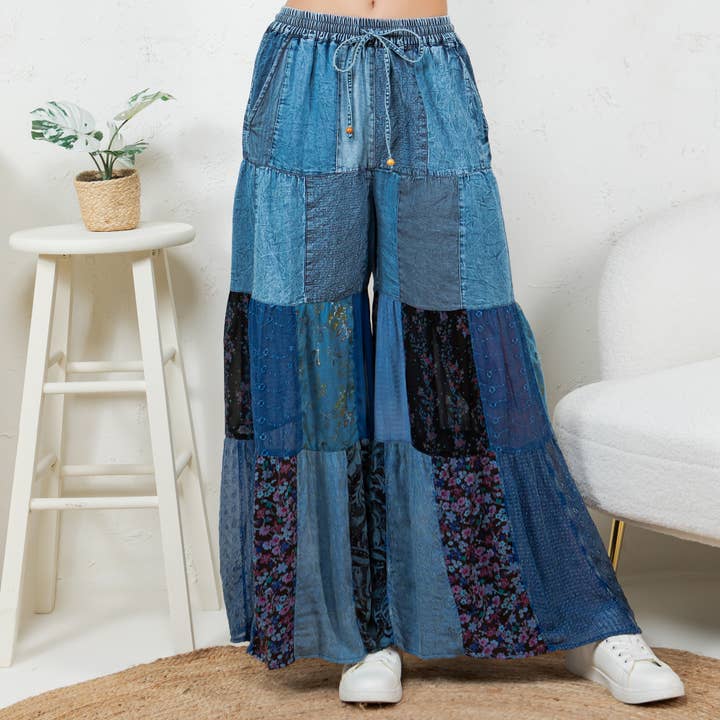 Young Threads - Wholesale Pants - Women's - Western Boho Chic: Tiered Patch Inserted Denim Pants