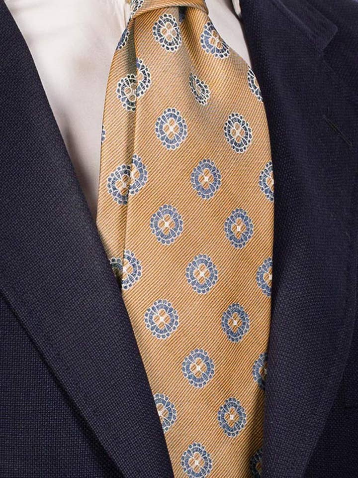 Gravata de Seda Bege Padrão Azul Avio Branco 5050 por atacado de Graffeo Cravatte