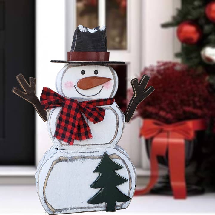 Wooden Snowman with Scarf Christmas Decor for wholesale by Hi-Line Gift Ltd.