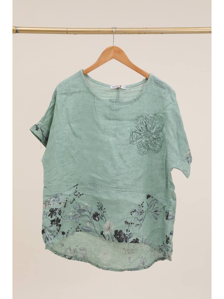 LÉA & LUC - Wholesale Tunic - Women's - Printed blouse with a flower in 100% Linen REF. 120621