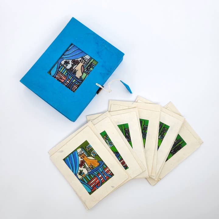 Cat on a Table Batik Mini Paper Mache Box with Mini Gift Cards Set for wholesale by Eclectic Woodchuck