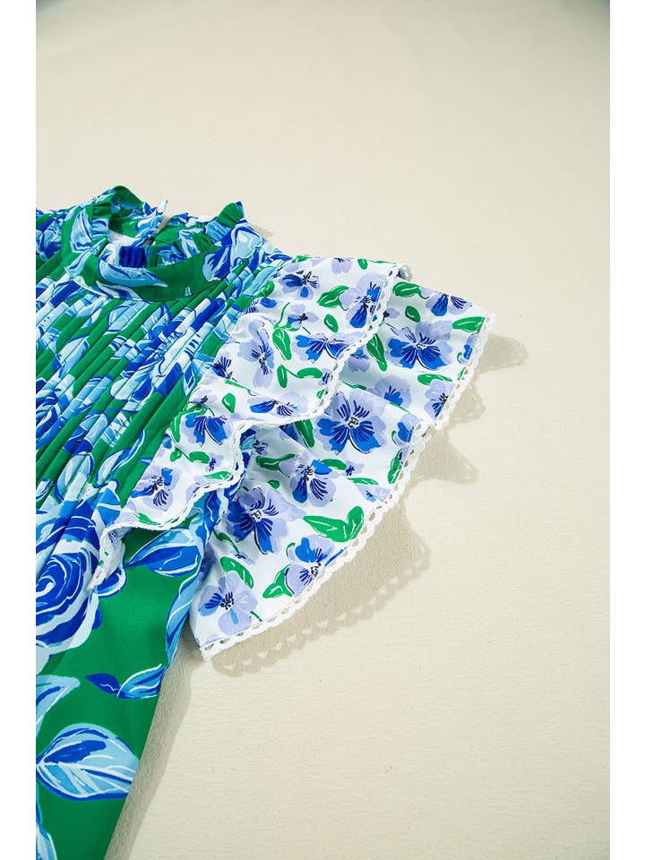Green Floral Lace Trim Ruffle Sleeve Pleated Loose Blouse (S-XL) for wholesale on Faire