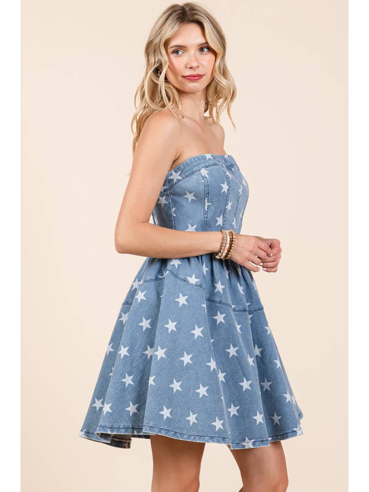 GeeGee x Lovelo - Wholesale Dress - Women's - Star Print Denim Mini Dress: MD5063010