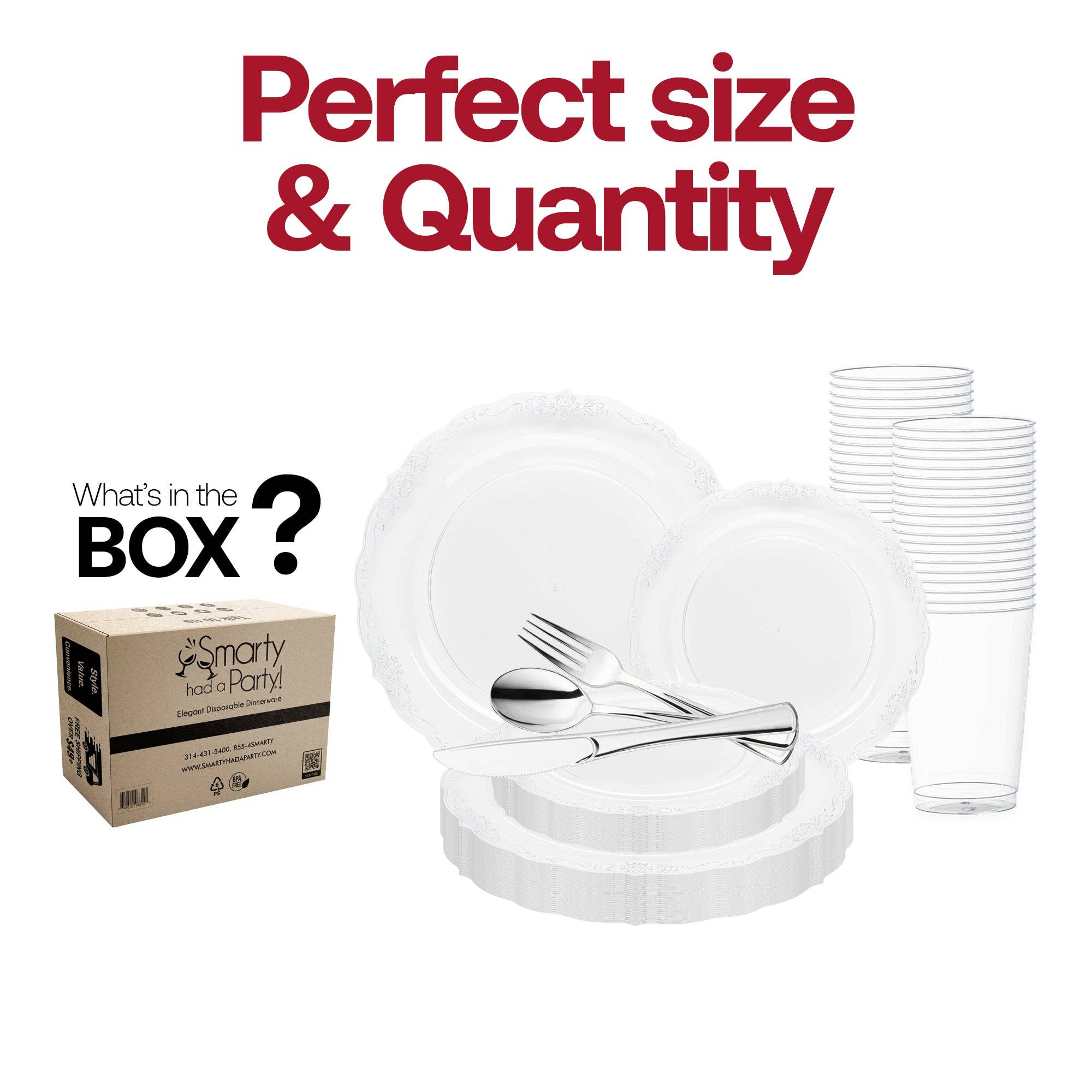 Smarty had a Party - Vendita all'ingrosso Servizio da tavola - Set da matrimonio in plastica trasparente con bordo vintage argento - 60 set2