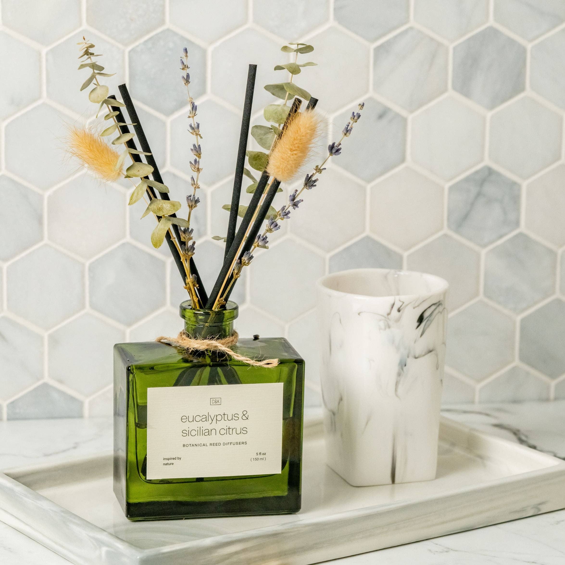 Craft & Kin - Wholesale Reed Diffuser - Green Glass Reed Diffuser with Flowers16