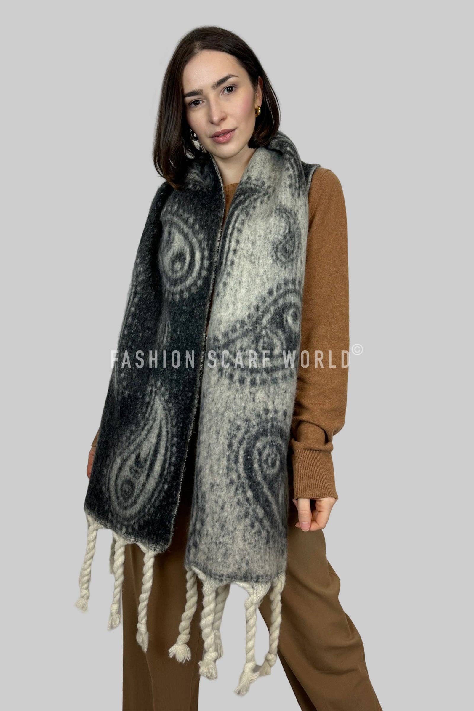 Fashion Scarf World - Wholesale Scarf - Women's - Paisley Chunky Tassel Reversible Wool Blanket Scarf5