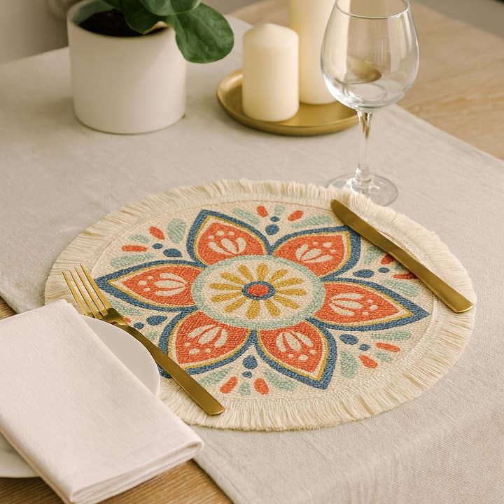 Tropical Red Flower Cotton Woven 13" Round Placemat for wholesale by Fennco Styles