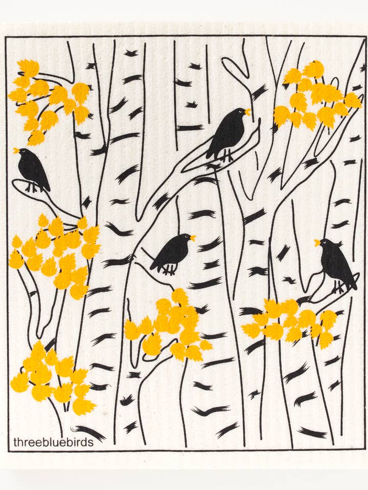 Autumn Blackbirds Swedish Dishcloth for wholesale by Three Bluebirds Swedish Dishcloths