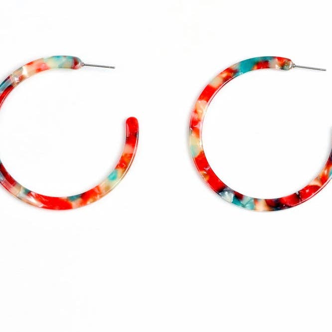 Coral and turquoise big hoop acrylic earrings for wholesale by One of a Kind Club