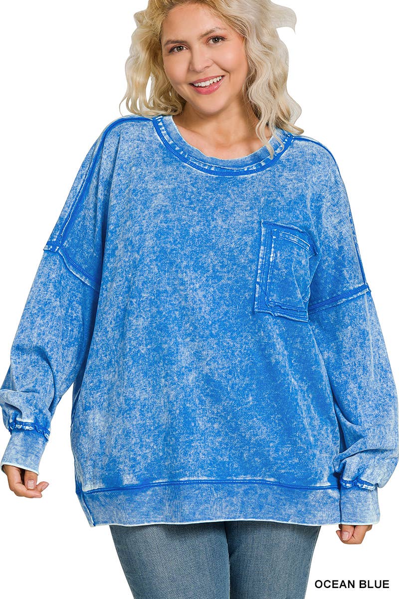 42POPS - Wholesale Sweatshirt - Women's - ', Plus French Terry Acid Wash Raw Edge Front Pocket19