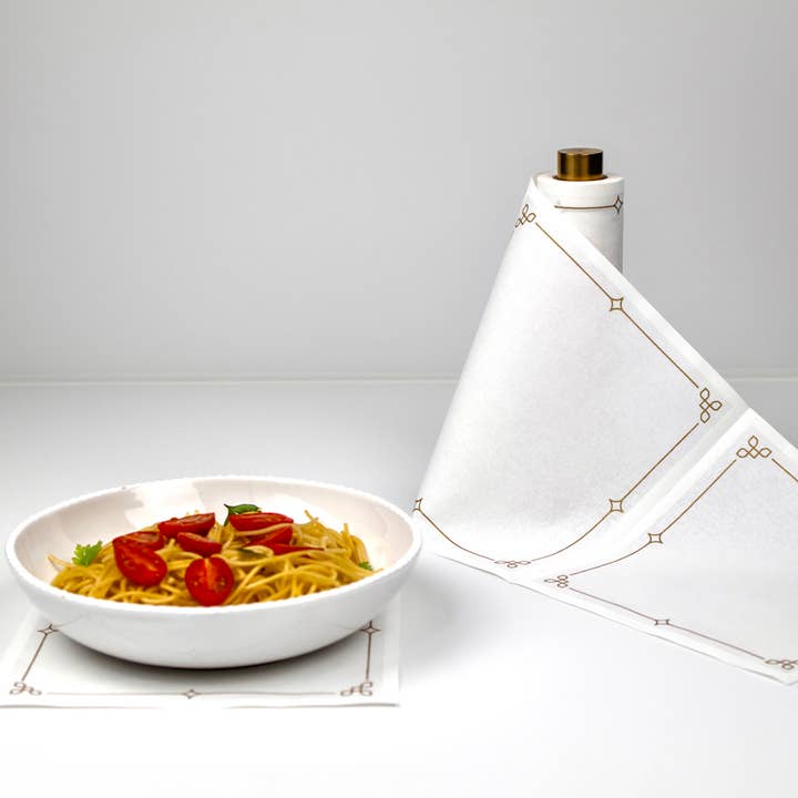 Cotton Party Napkin Roll: Golden Luxe (White/ Gold Border) for wholesale by Table Theory (Formerly Toasting with Tara)