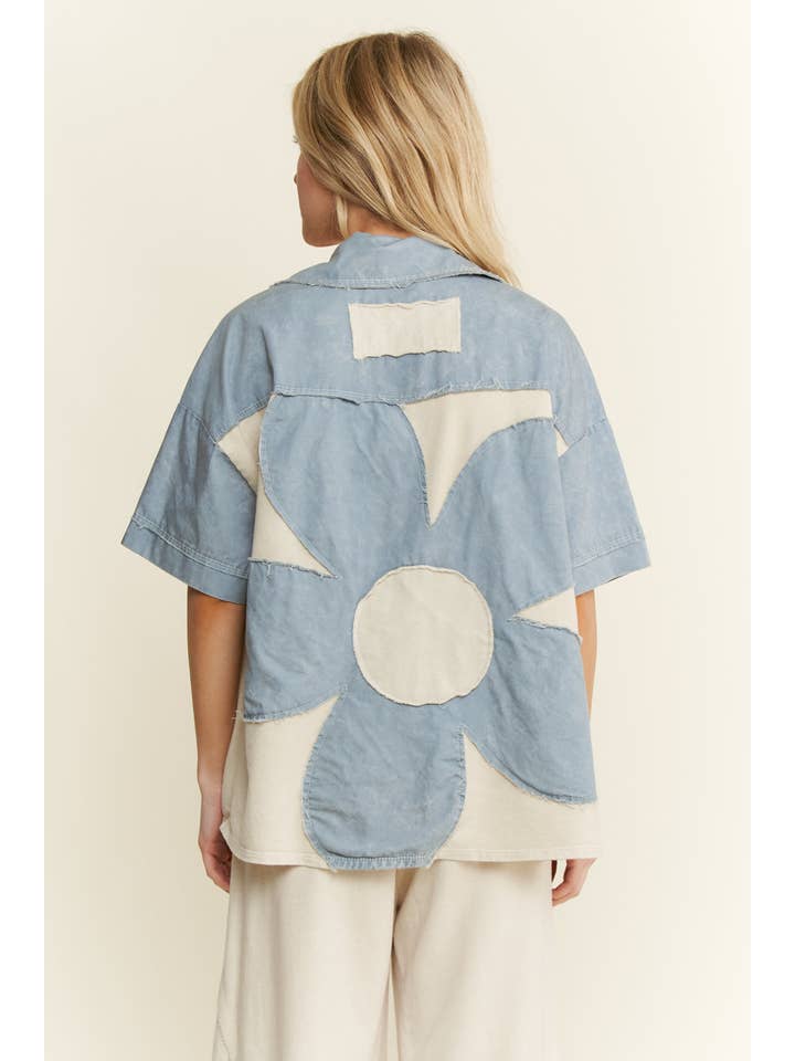 J.Her - Vendita all'ingrosso Giacca a camicia - Donna - Shacket con toppa sul retro a fiori lavato minerale HT646613