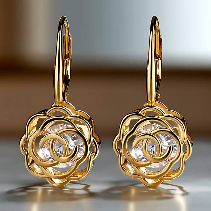 Amy and Annette - Wholesale Dangle Earrings - 14K Gold Caged with crystals Rose Lever Back Earrings4