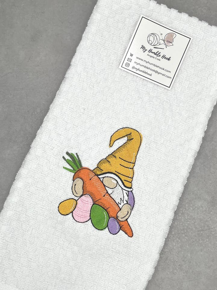 Easter Carrot Gnome Kitchen Towel for wholesale by My Humble Hook