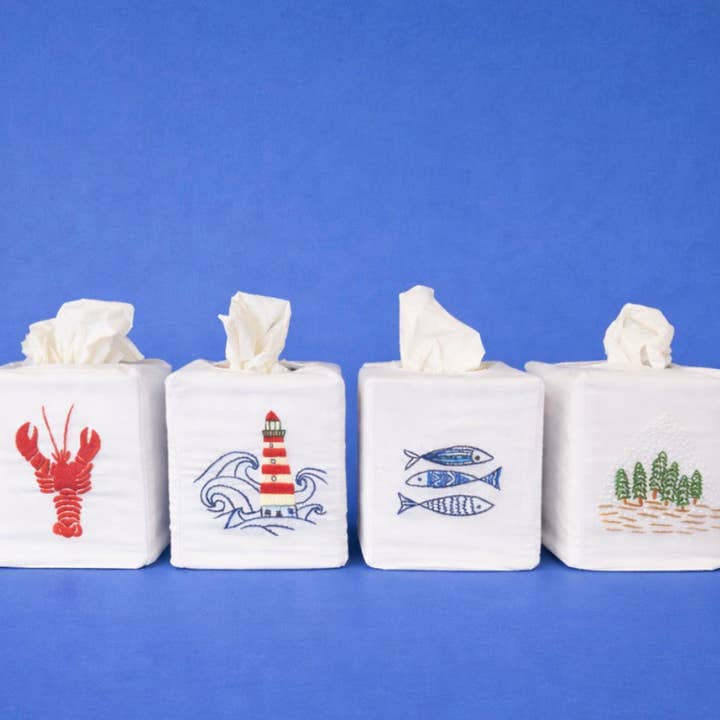 Tissue Box Covers, "Coastal" group, white cotton, hand embroidered in Vietnam for wholesale by Wooven