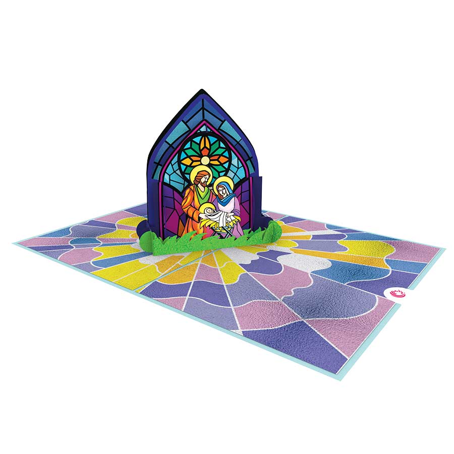 Unipop Cards, LLC - Wholesale Religious Card - Holy Family Stained Glass Pop-Up Card, Christmas pop up card1