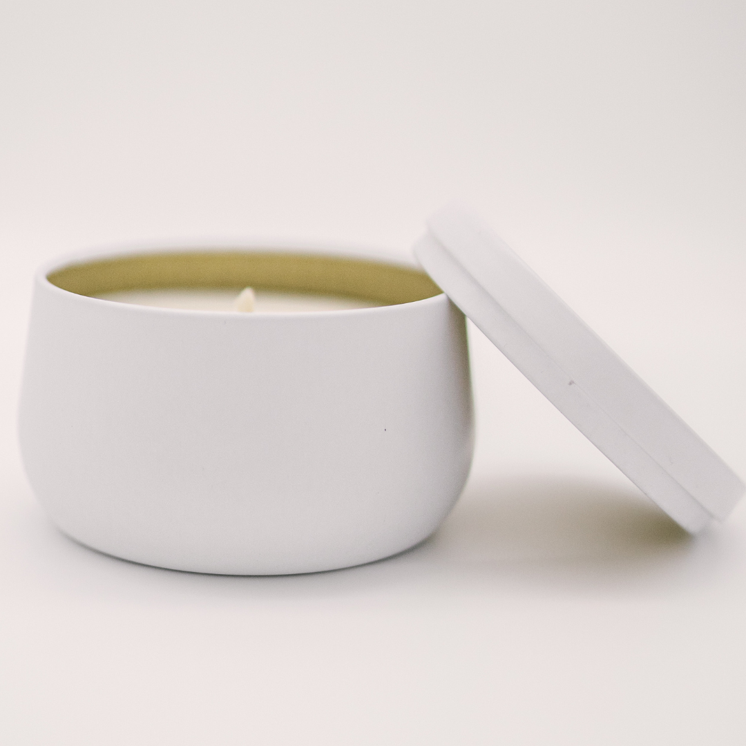 River Birch Candles - Wholesale Travel Candles - 8oz Unlabeled Luxury White Curved Tin Soy Candle7