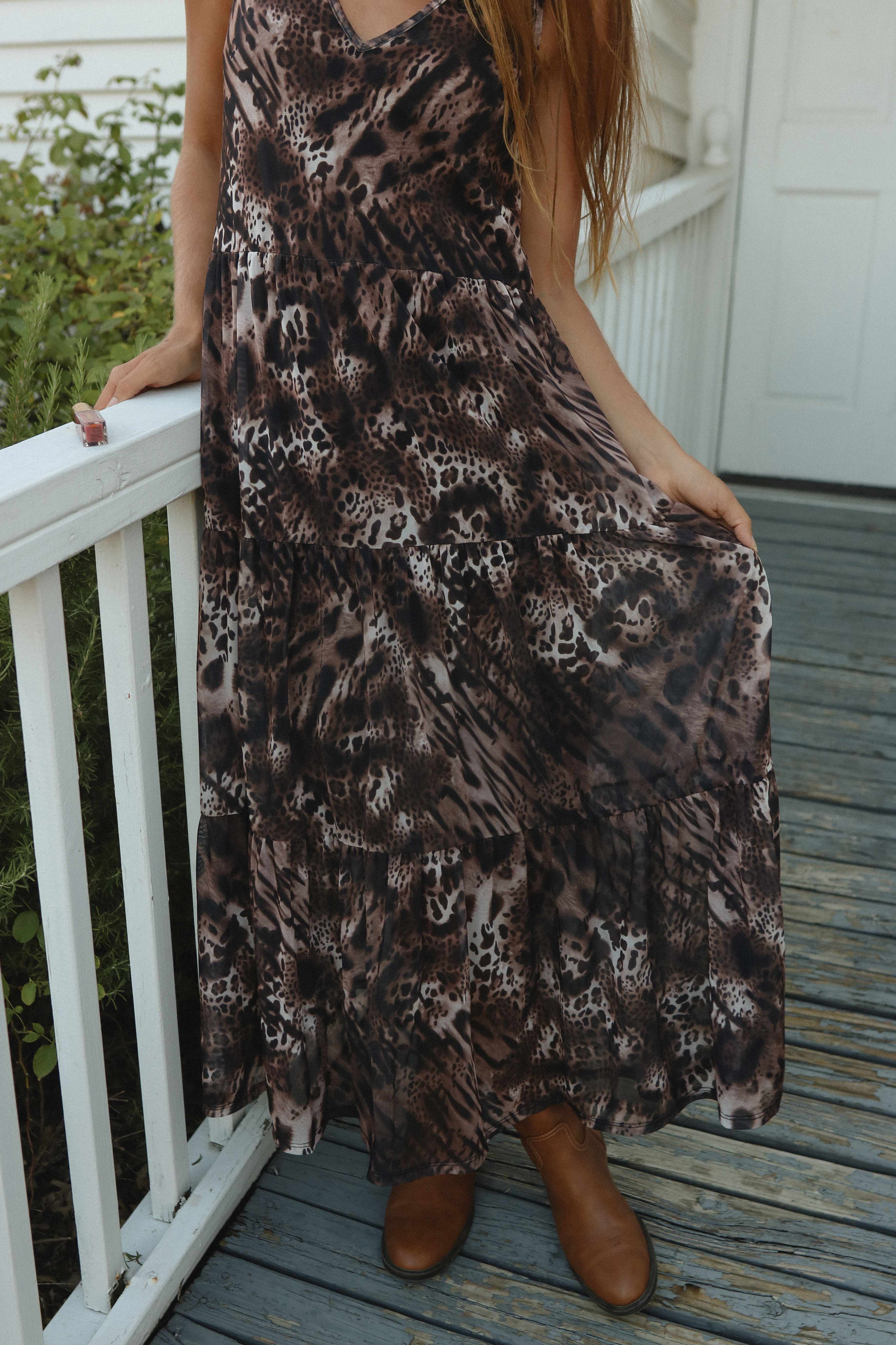 Leopard Brun ISD1099MESH Marina Mesh Dyreprint Kjole for engroshandel på Faire6