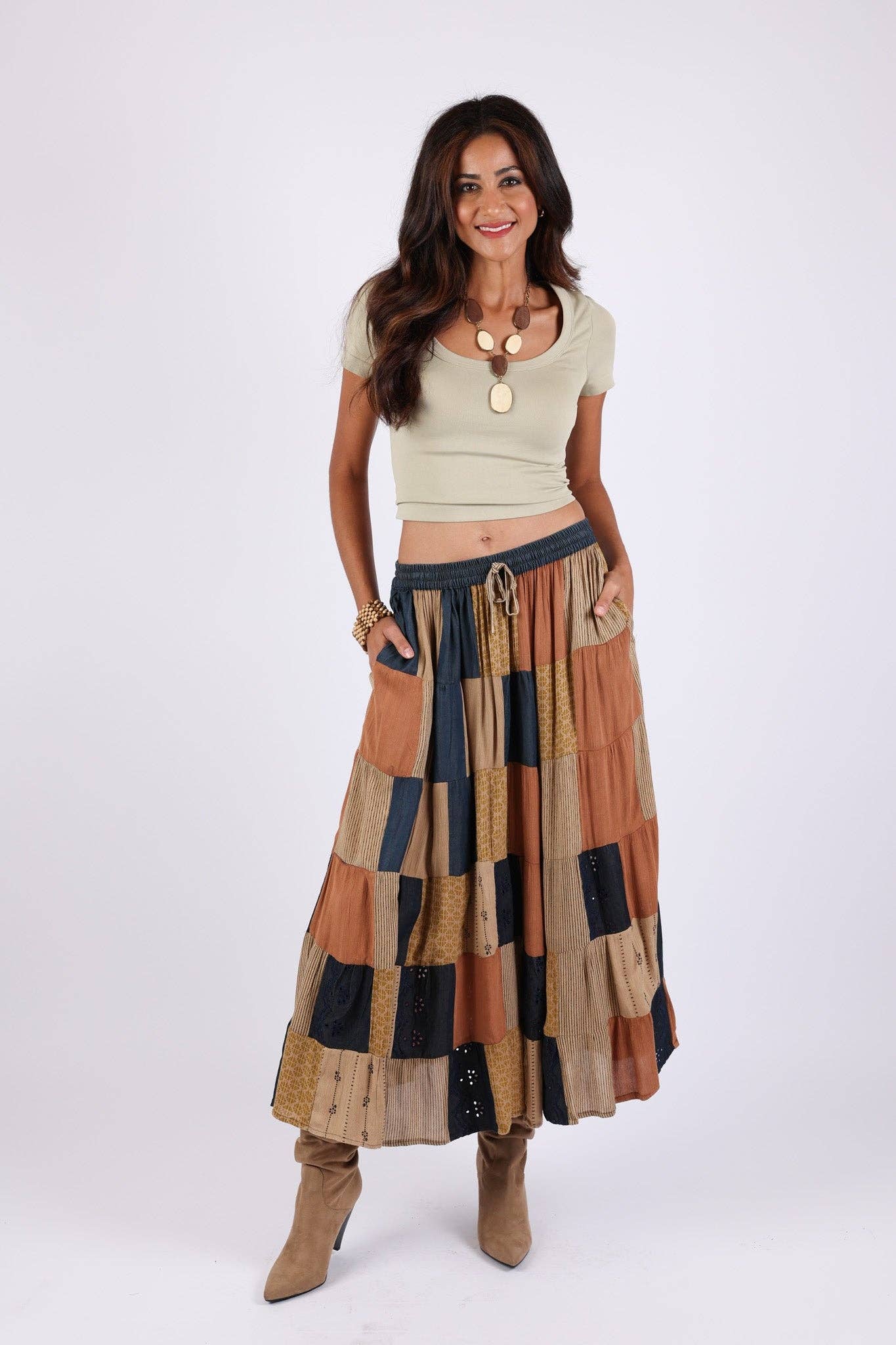 Sacred Threads - Wholesale Skirt - Women's - Earth-Tone Denim Skirt: Patchwork Color block3