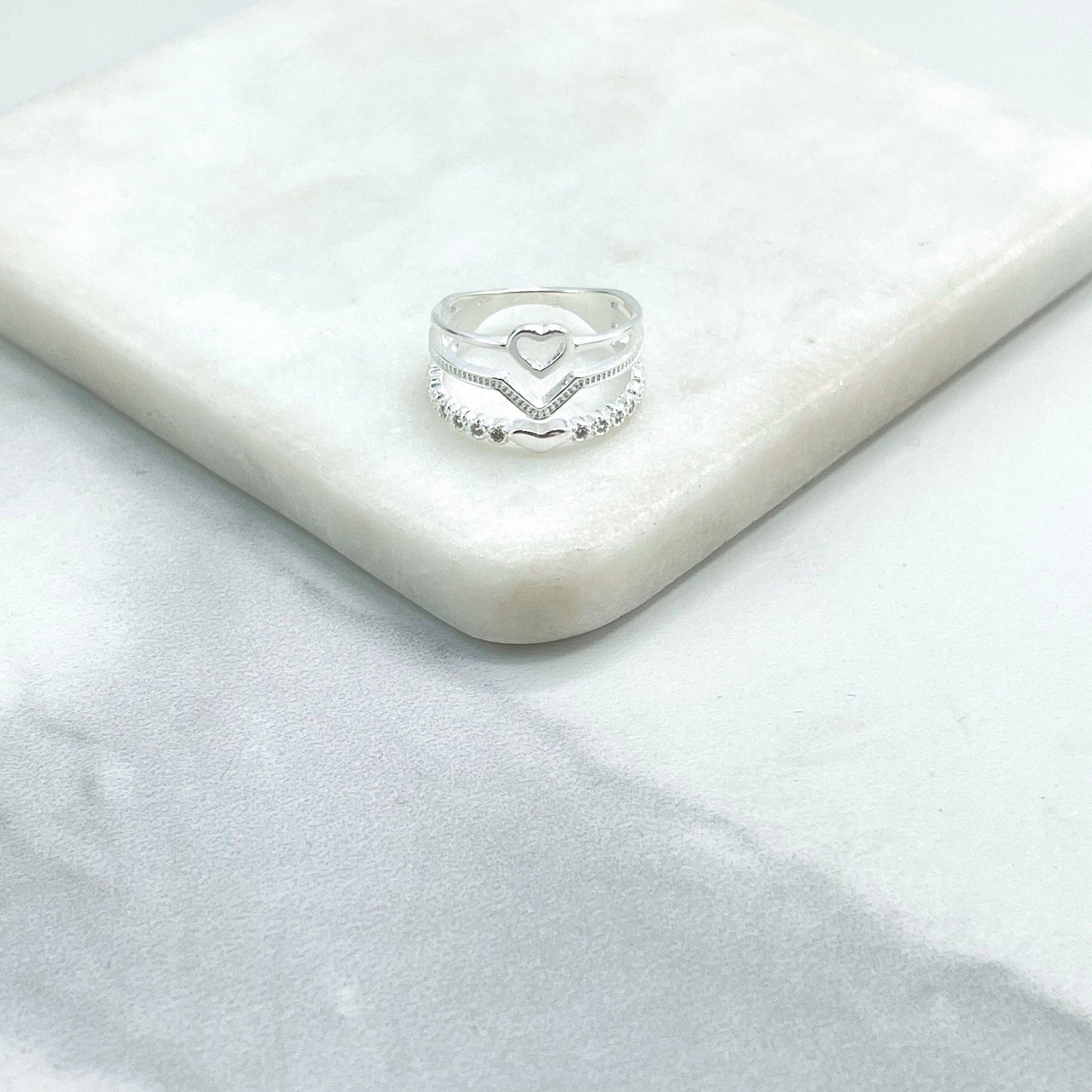 DIJU Jewelry - Wholesale  - 925 Sterling Silver Clear Cubic Zirconia Simulated Stackable Layered Ring, Wave & Heart, Stamped 925, Wholesale Jewelry Making Supplies2