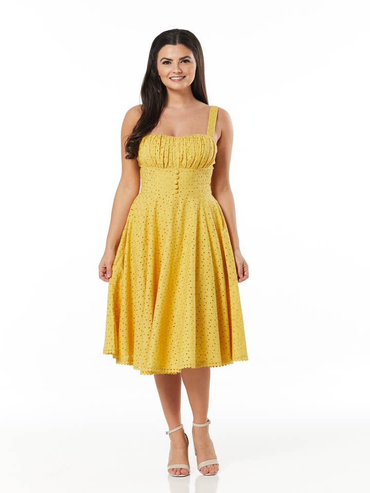 Valerie Fit&Flare OrgCotton Broderie Anglaise Mustard for wholesale by Timeless London