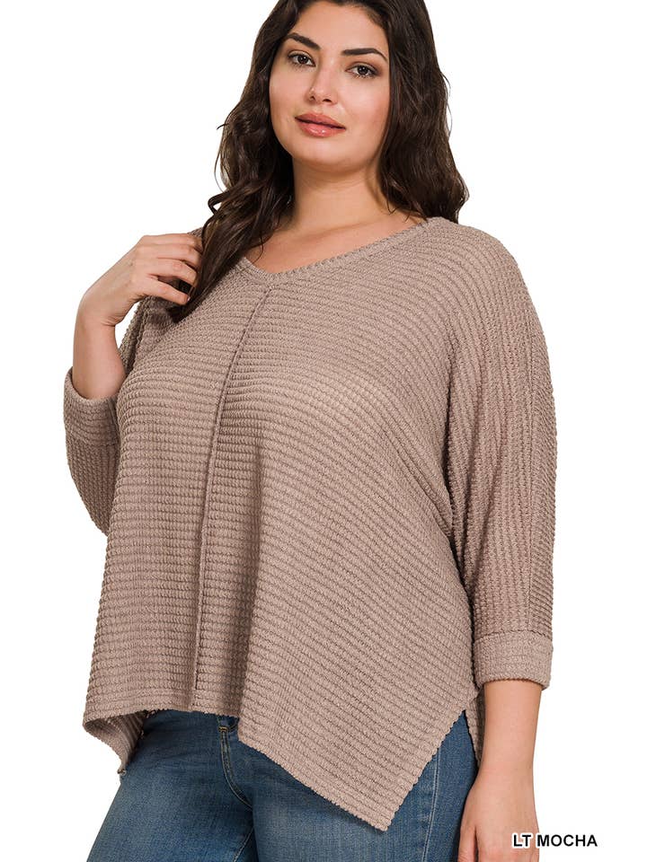 BLACK  ",,..PLUS SIZE 3/4 SLEEVE V-NECK HI-LOW HEM JACQUARD SW for wholesale on Faire1