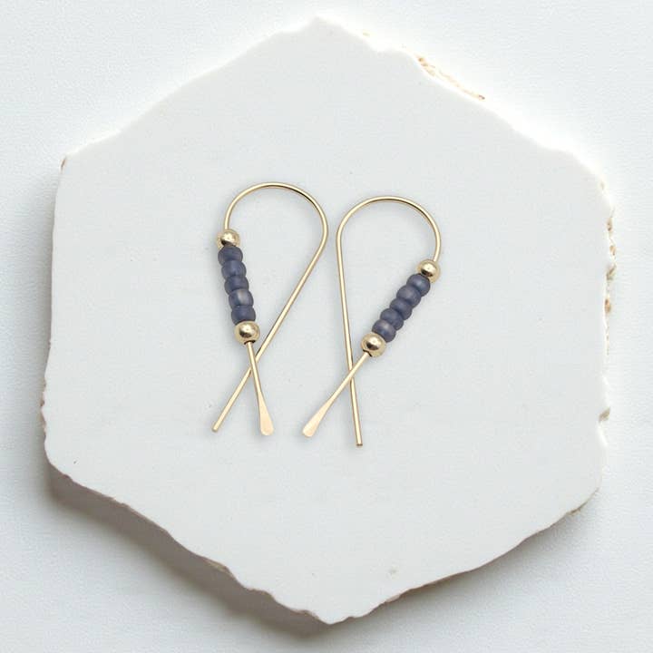 Gold Ribbon Threader Earrings with Purple Seed Beads for wholesale by Bijou by SAM